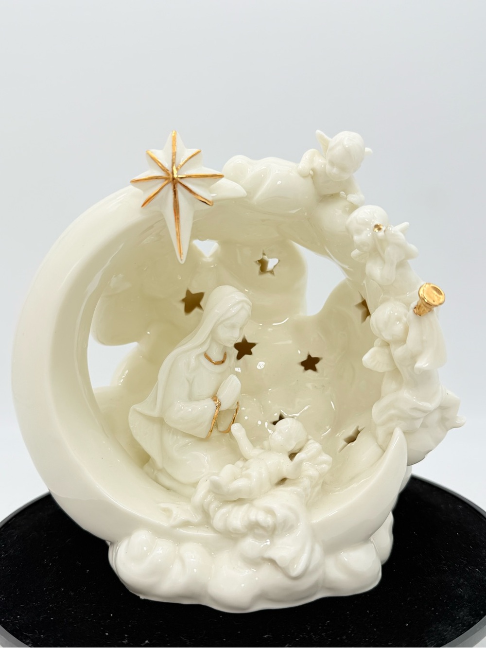 Decorative Cream Ceramic Nativity Figurine with Gold Accents
